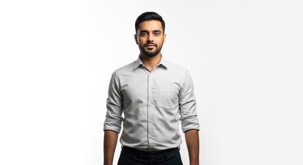 Fototapeta premium Young confident professional man standing looking directly at camera isolated on white background