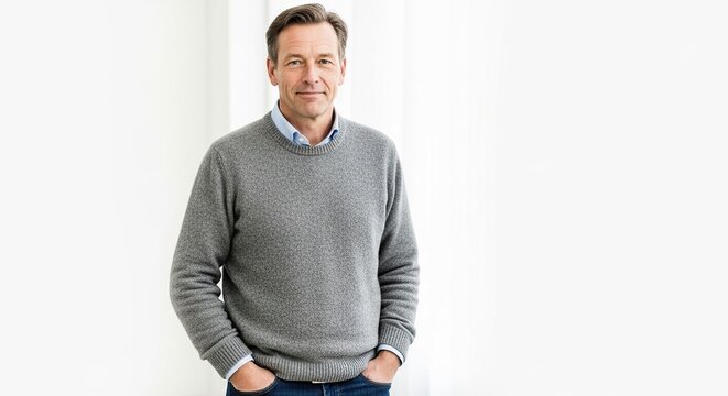 Confident businessman in casual sweater smiling while standing with hands in pockets isolated on white background