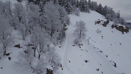 Snowy mountain landscape showcasing winter beauty and tranquility on a cloudy day