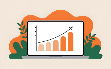Laptop displaying a growing bar chart with an upward trend arrow isolated on white background
