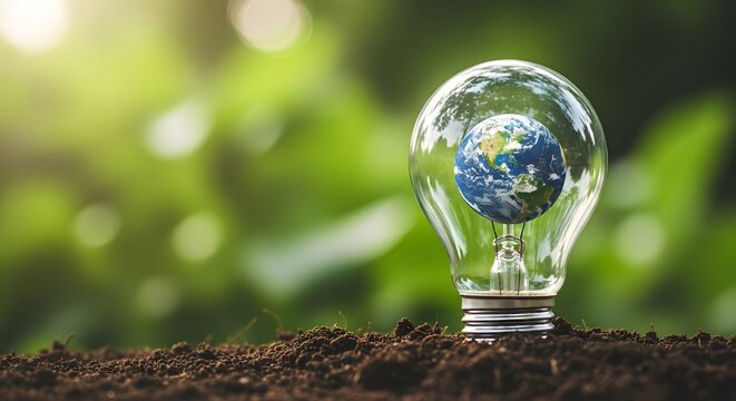 Earth inside a light bulb symbolizing green energy and environmental protection