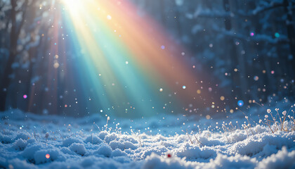 Winter Snow Scene with Rainbow Light Rays and Bokeh