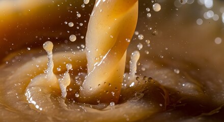 Closeup macro shot of rich brown liquid, likely coffee or tea with milk, being poured creating a dynamic splash, swirl, and droplets in motion, capturing the texture and movement of the beverage