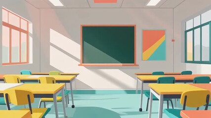 Empty classroom interior bright sunlight shining through windows clean and tidy learning environment