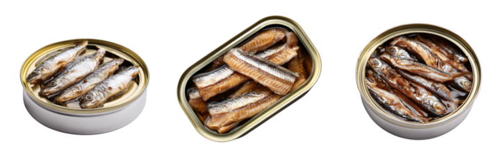 Set of Top-down view of sprats fish in an open tin can showing natural texture and shine on transparent png background. Ai generated