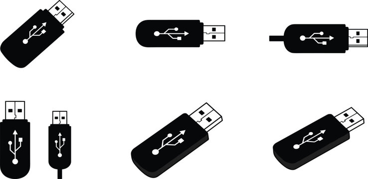 USB flash drive icons set, digital storage devices, black USB stick illustration, modern data transfer symbols, portable memory technology graphic collection