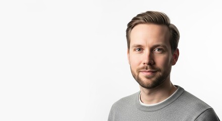 Fototapeta premium Confident bearded young man looking directly at camera isolated on white background studio portrait