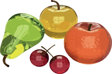 Obraz premium Vibrant Glass Fruit Still Life | Colorful Pear, Apple, Cherries Illustration for Food Art, Kitchen Decor and Healthy Eating Concepts