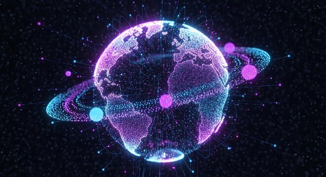 Abstract digital earth globe with glowing particles and network connections, representing global communication, technology, and data transfer in a futuristic style