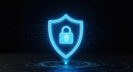 A glowing blue digital shield with a padlock icon in the center, representing cyber security, data protection, and online privacy