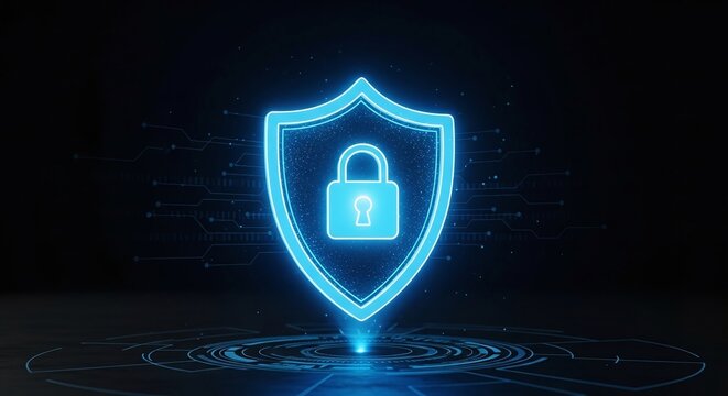 A glowing blue digital shield with a padlock icon in the center, representing cyber security, data protection, and online privacy - Powered by Adobe
