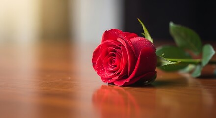 Red Rose with Dew Drops on Wooden Surface in Soft Lighting for Romantic or Floral Themes