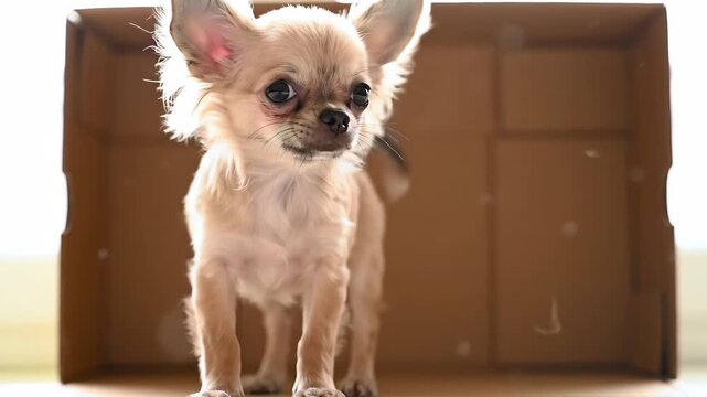 Cute chihuahua puppy exploring a cardboard box. Small dog looks out, playful dog in a box.