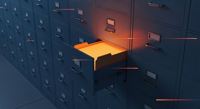 Open drawer in a dark filing cabinet glows orange with data lines, symbolizing a data breach, information leak, or confidential file exposure
