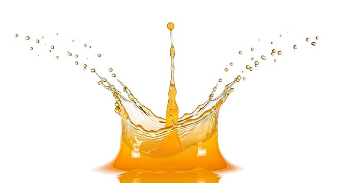 Vibrant orange juice splash frozen in motion creating a crown shape with droplets spraying outwards, isolated on white background for a refreshing and dynamic visual effect