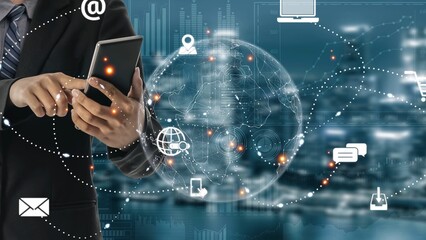 Visualization of global digital communication and online across multiple platforms, including global network, digital network, communication network, and online network. Marrow
