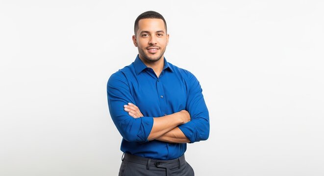 Confident smiling young professional man blue shirt crossed arms isolated on white background portrait - Powered by Adobe