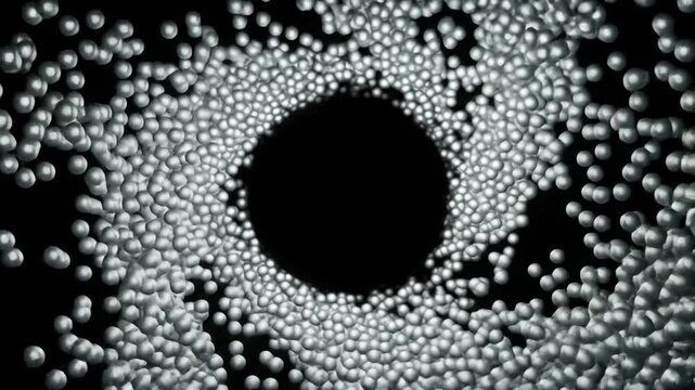 Abstract sphere vortex on black background, swirling balls creating sphere tunnel