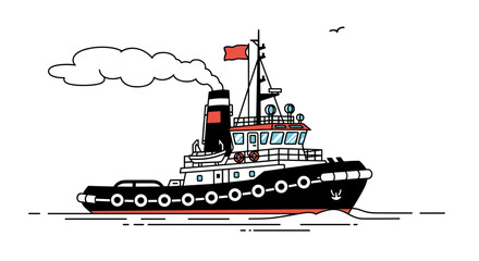 Obraz premium Cartoon illustration of a black and red tugboat sailing on the water with smoke coming from its stack.