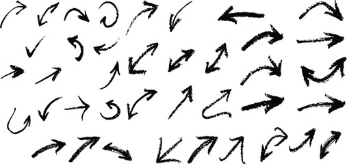 Obraz premium Arrow crayon doodle chalk icons set. Hand-drawn freehand different curved lines, swirls arrows. Direction pointers. Grunge scribble chalk marker drawing, black chalk smears. Vector illustration 