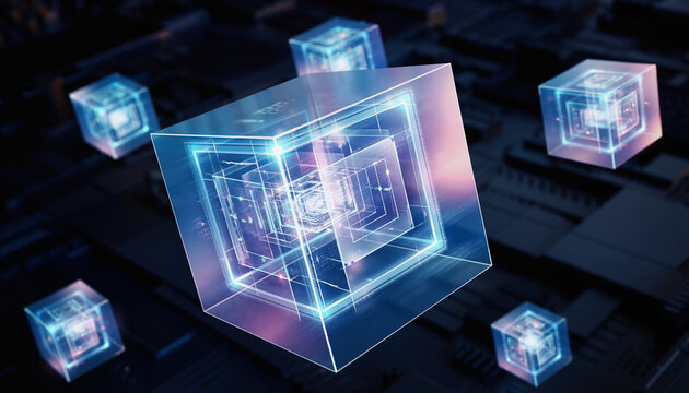 Digital Cubes: A cluster of luminous, tech-infused cubes floating on a sleek, dark background, exuding an aura of innovation and futuristic technology.