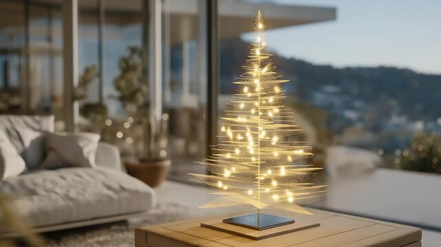 A digital Christmas tree glowing on a transparent OLED display in a high-tech apartment showcases the futuristic direction of holiday design. Controlled by a smartphone or AI assistant, this visual