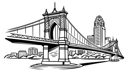 Obraz premium Cincinnati Roebling Bridge Skyline – Minimal Line Art Cityscape with Modern Ohio Riverfront and Clean Urban Outline