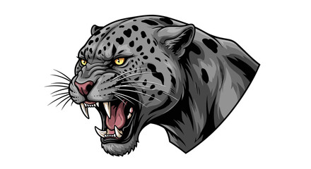 Fierce black jaguar head roaring with sharp teeth bared on a white background.