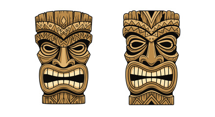Two stylized tiki masks with a distressed wood texture, featuring fierce expressions.
