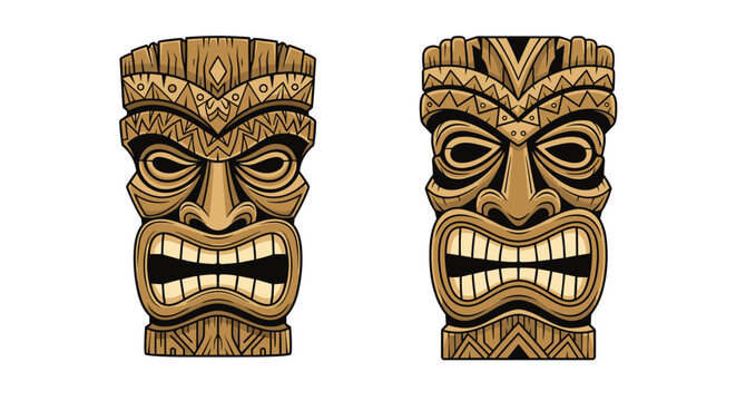 Two stylized tiki masks with a distressed wood texture, featuring fierce expressions.