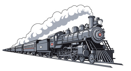 Vintage steam train with passenger cars billowing smoke on railroad tracks.
