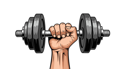 Close up of a hand holding a dumbbell with stacked weight plates on a white background.