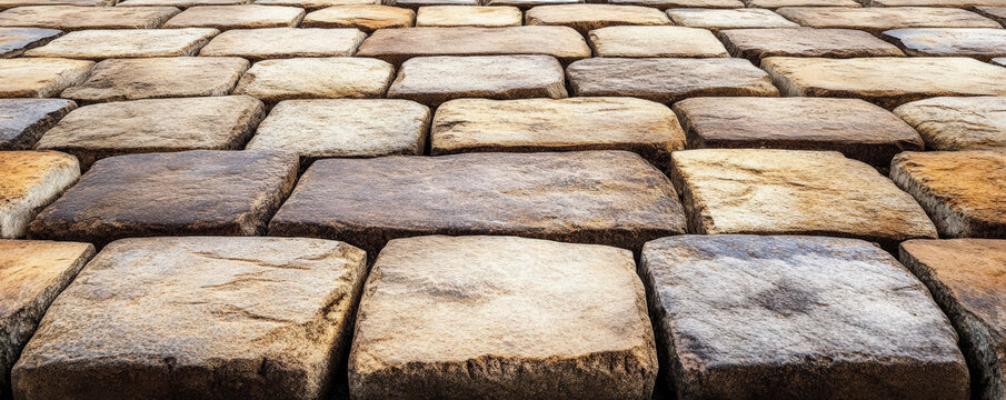 Close-up view of old stone cobblestone pavement
