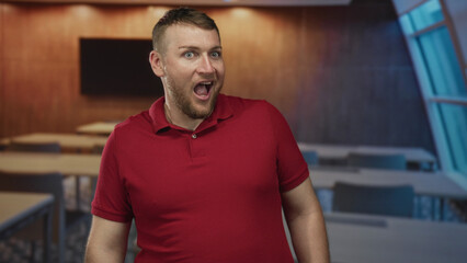 Obraz premium Man in red polo shirt looking sideways with open mouth and thumbs up gesture in a classroom building with desks and window view; surprise humor.