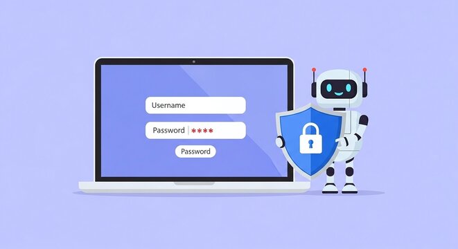 Cute robot holding a shield with a padlock icon, standing next to a laptop displaying a login screen, symbolizing cybersecurity and data protection