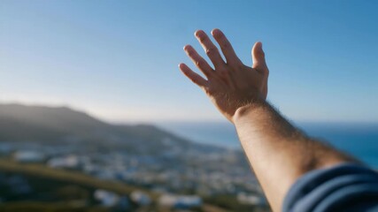Arm reaching up toward a clear blue sky from scenic hilltop or open field — concept of freedom, hope, aspiration, personal growth, and inspirational outdoor lifestyle photography. cinematic color