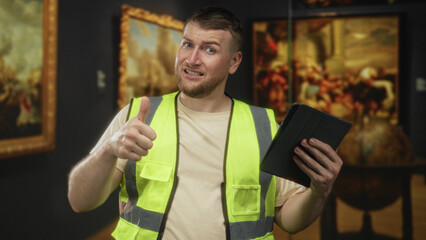 Young caucasian man in high visibility yellow vest gives thumbs down while holding tablet among paintings in building; frustration doubt uncertainty.