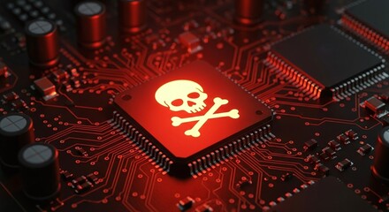 A glowing red skull and crossbones symbol on a computer chip, illustrating a critical cybersecurity threat, data breach, or digital virus