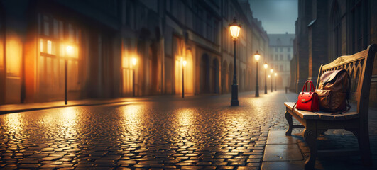 A woman's handbag and a leather backpack lie on a bench. Image with free space for text.
