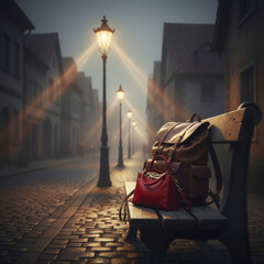 A woman's handbag and a leather backpack lie on a bench