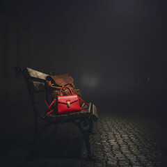 A woman's handbag and a leather backpack lie on a bench