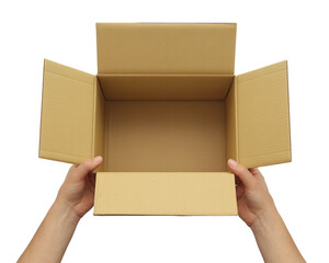Hands Holding Open Cardboard Box from Above image photo