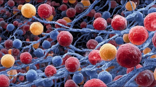 Vibrant Cellular Landscape: An abstract view of numerous vibrant cells connected by an intricate network, creating a dynamic and visually stimulating scene.