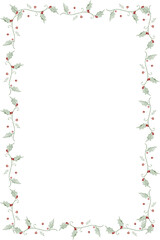 Watercolor Illustration of a whimsical frame of holly sprigs. Cozy winter design. Hand painted element for invitation, social media and posters.