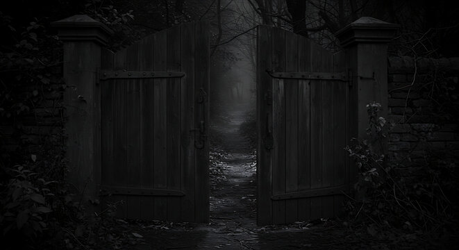 Mystical Wooden Gate Opening into Dark Forest