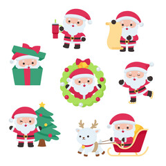 Cute Santa Claus Christmas Pack with Wreath Tree Reindeer Sleigh and Colorful Holiday Icons