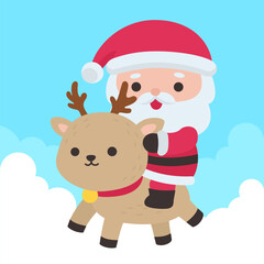 Santa Claus Riding a Cheerful Reindeer over Soft Clouds in Cute Christmas