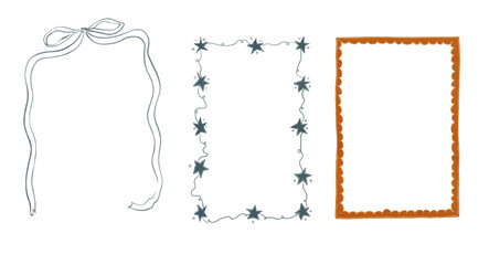 Watercolor Illustration of a whimsical doodle frames with a bow and stars. Cozy winter design. Hand painted element for invitation, social media and posters.