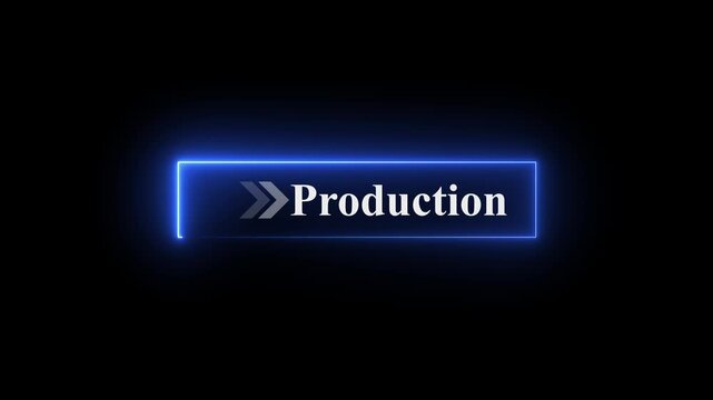Neon production button animation on black background with glowing arrows pointing right, digital workflow interface, futuristic UI interaction, glowing neon button, interactive production click effect