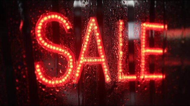 Illuminated SALE Sign: A captivating close-up of a neon SALE sign glowing brightly through a rainy window, an inviting beacon. 